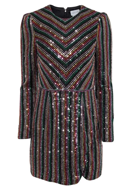 Saylor - Black & Metallic Rainbow Sequin Striped Dress Sz S