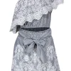 Saylor - Grey & White Pinstripe One Shoulder Dress Sz M