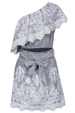 Saylor - Grey & White Pinstripe One Shoulder Dress Sz M