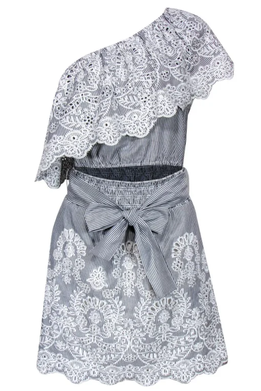 Saylor - Grey & White Pinstripe One Shoulder Dress Sz M