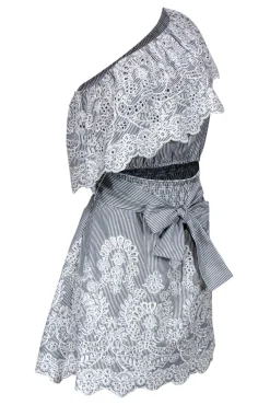 Saylor - Grey & White Pinstripe One Shoulder Dress Sz M