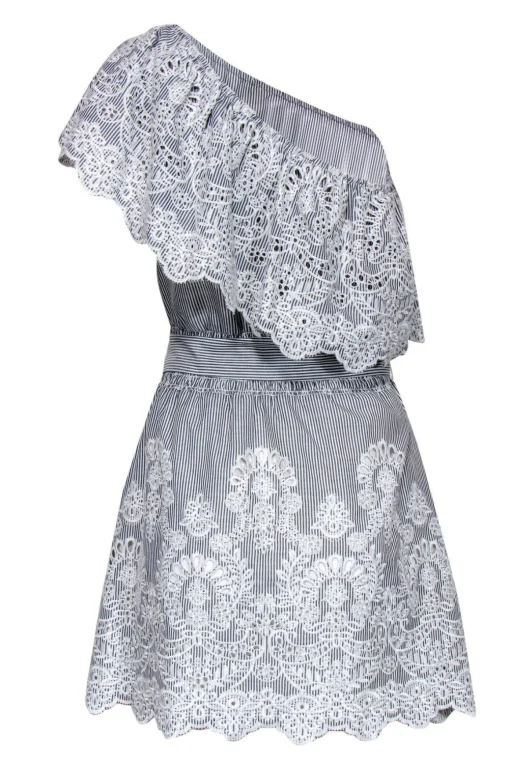 Saylor - Grey & White Pinstripe One Shoulder Dress Sz M
