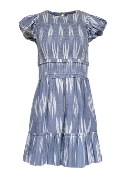 Saylor - Indigo Blue & White Ikat Print Cotton Mini Dress Sz S