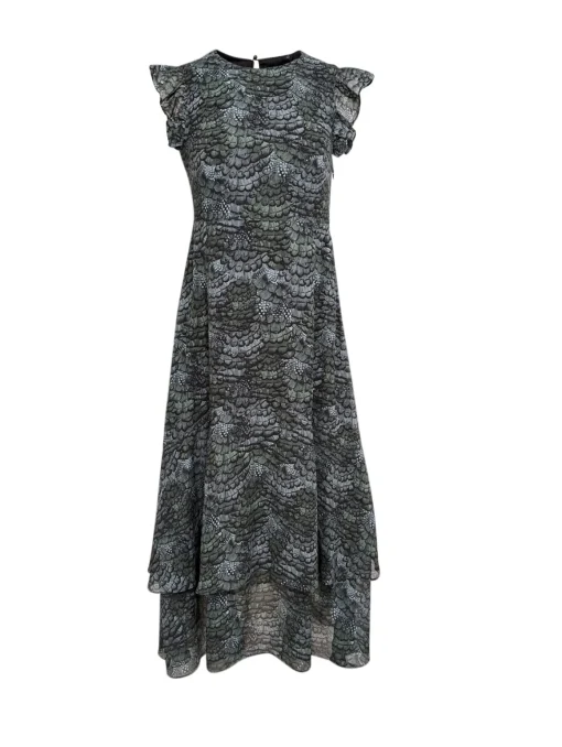 Scotch & Soda - Dark Green, Teal, & Black Feather Print Sleeveless Midi Dress Sz 4