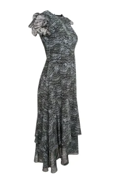 Scotch & Soda - Dark Green, Teal, & Black Feather Print Sleeveless Midi Dress Sz 4