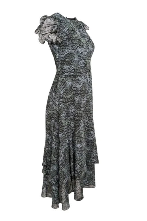 Scotch & Soda - Dark Green, Teal, & Black Feather Print Sleeveless Midi Dress Sz 4