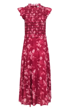 Sea NY - Brick Red Floral Print " Monet Smocked Midi" Dress Sz 4