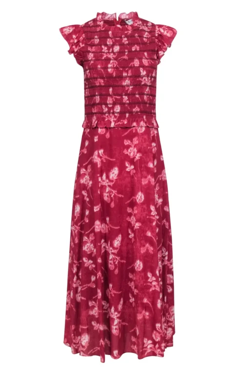 Sea NY - Brick Red Floral Print " Monet Smocked Midi" Dress Sz 4