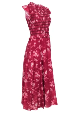 Sea NY - Brick Red Floral Print " Monet Smocked Midi" Dress Sz 4