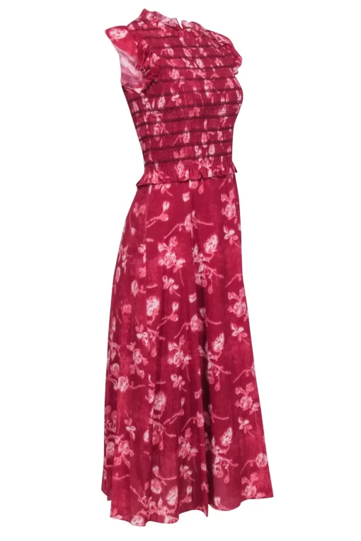 Sea NY - Brick Red Floral Print " Monet Smocked Midi" Dress Sz 4
