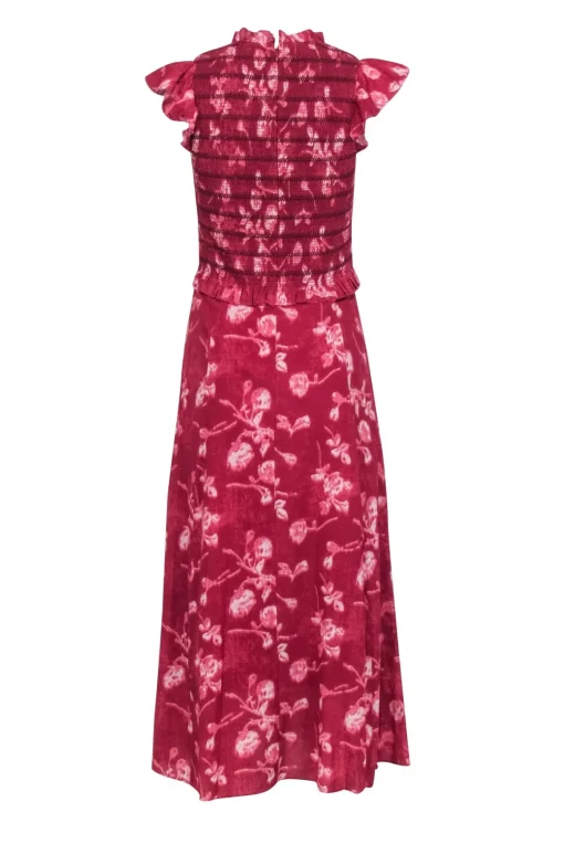 Sea NY - Brick Red Floral Print " Monet Smocked Midi" Dress Sz 4
