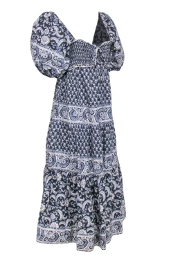 Sea NY - Navy & White Print Maxi Puff Sleeve Dress Sz M