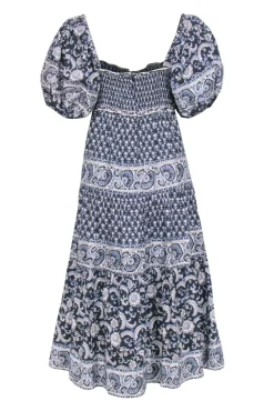 Sea NY - Navy & White Print Maxi Puff Sleeve Dress Sz M