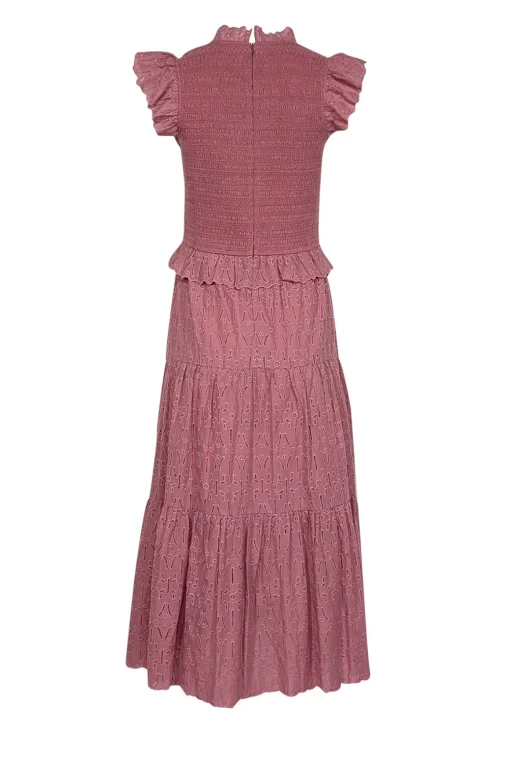 Sea NY - Rose Pink Smocked Bodice Eyelet Lace Midi Dress Sz 6