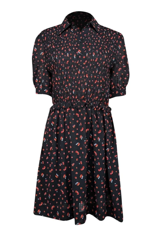 See by Chloe - Black w/ Red Cherry & Strawberry Print Smocked Bodice Dress Sz 6