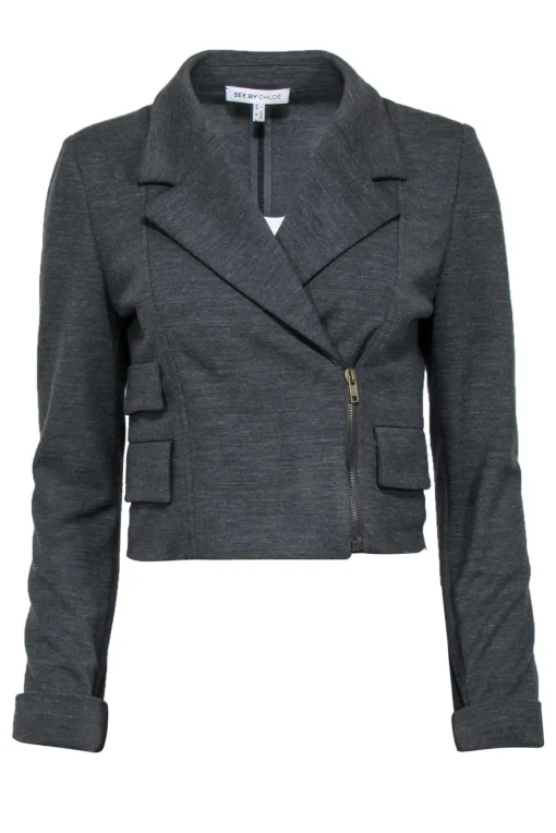 See by Chloe - Gray Woven Cropped Moto-Style Jacket Sz 8