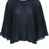 See By Chloe - Navy Line Textured Lace Trimmed Long Sleeve Shirt Sz M
