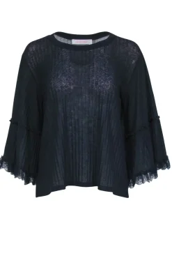 See By Chloe - Navy Line Textured Lace Trimmed Long Sleeve Shirt Sz M
