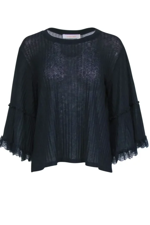 See By Chloe - Navy Line Textured Lace Trimmed Long Sleeve Shirt Sz M