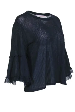 See By Chloe - Navy Line Textured Lace Trimmed Long Sleeve Shirt Sz M