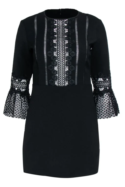 Self-Portrait - Black Long Sleeve Lace Trim Mini Dress Sz 6