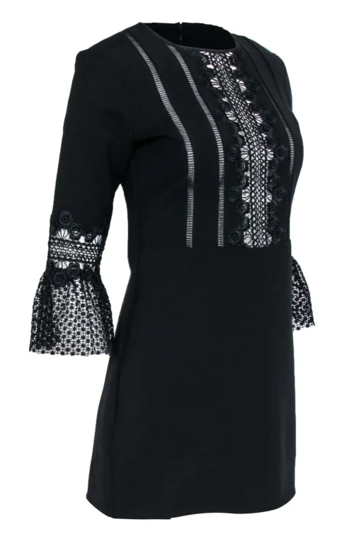 Self-Portrait - Black Long Sleeve Lace Trim Mini Dress Sz 6