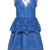 Self-Portrait - Blue Sleeveless Eyelet Peplum Dress Sz M