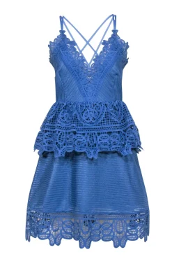 Self-Portrait - Blue Sleeveless Eyelet Peplum Dress Sz M