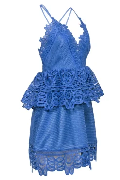 Self-Portrait - Blue Sleeveless Eyelet Peplum Dress Sz M