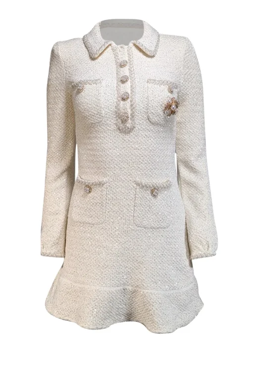 Self-Portrait - Cream Metallic Knit Embellished Dress Sz S