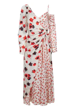 Self-Portrait - Cream w/ Orange Floral Print Asymmetrical Satin Dress Sz 2