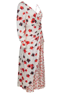 Self-Portrait - Cream w/ Orange Floral Print Asymmetrical Satin Dress Sz 2