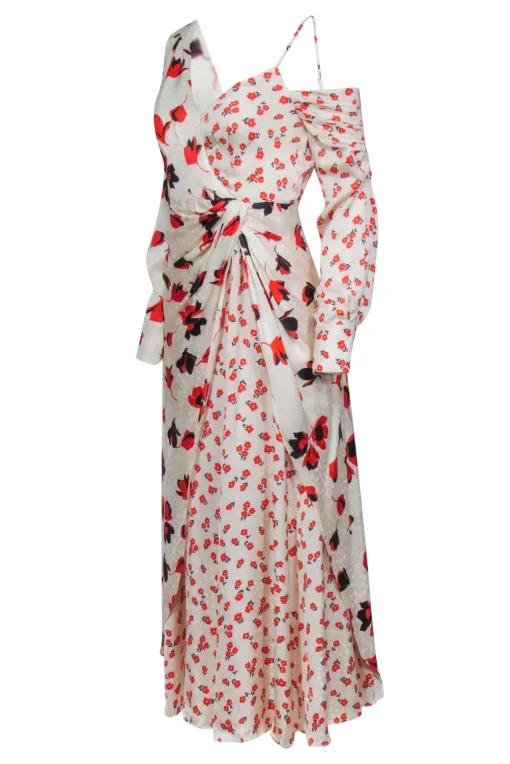Self-Portrait - Cream w/ Orange Floral Print Asymmetrical Satin Dress Sz 2