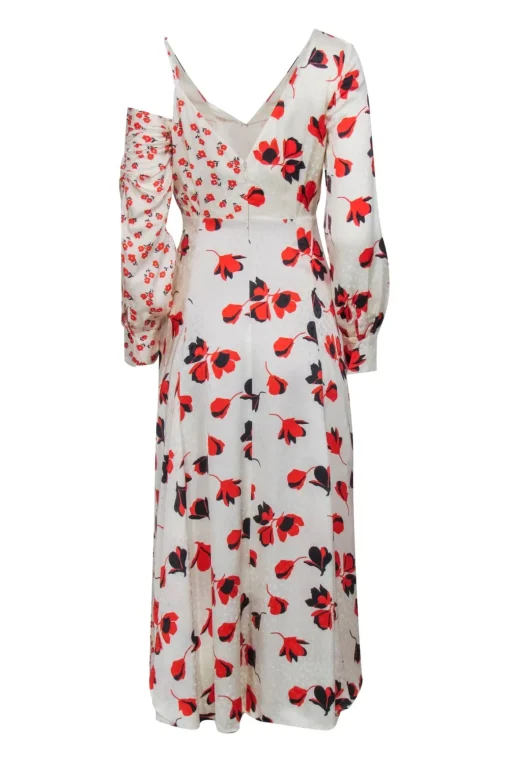 Self-Portrait - Cream w/ Orange Floral Print Asymmetrical Satin Dress Sz 2