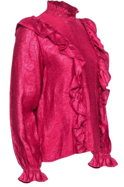 Sezane - Hot Pink Metallic Mock Neck Ruffled Top Sz 6