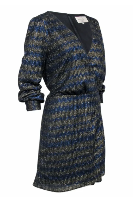 Sezane - Navy & Gold Metallic Chevron Pattern Long Sleeve Dress Sz 12