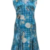 Shanghai Tang - Blue Portrait Print V-Neck Silk Dress Sz 6
