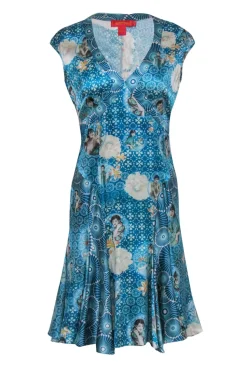 Shanghai Tang - Blue Portrait Print V-Neck Silk Dress Sz 6