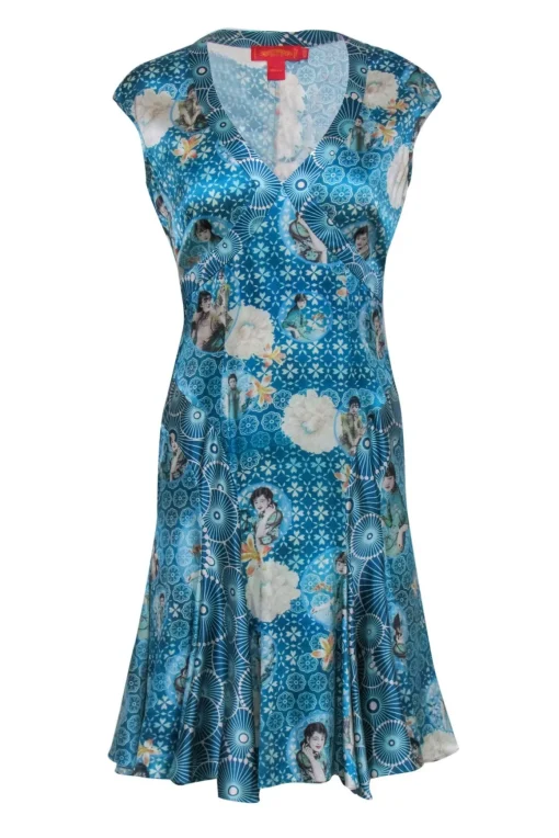 Shanghai Tang - Blue Portrait Print V-Neck Silk Dress Sz 6