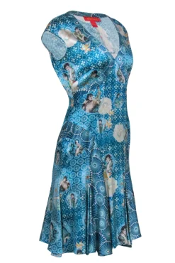 Shanghai Tang - Blue Portrait Print V-Neck Silk Dress Sz 6