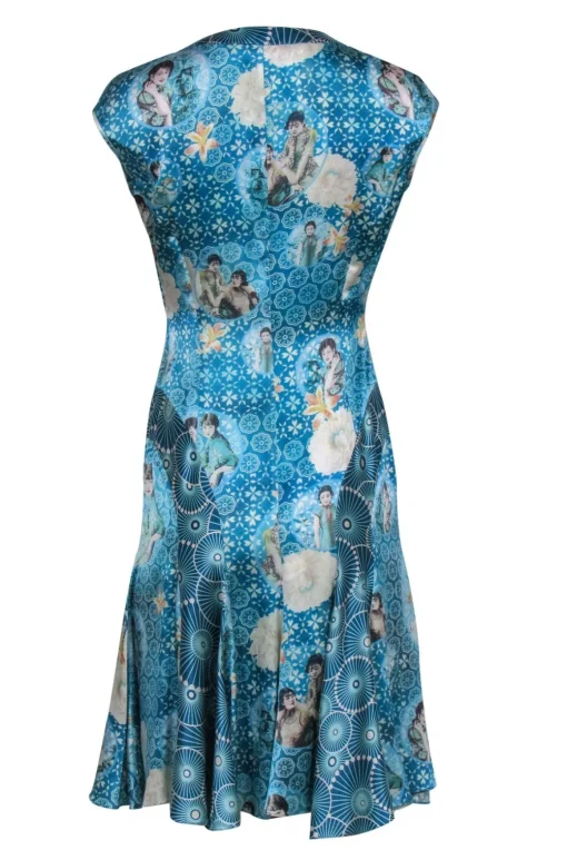 Shanghai Tang - Blue Portrait Print V-Neck Silk Dress Sz 6