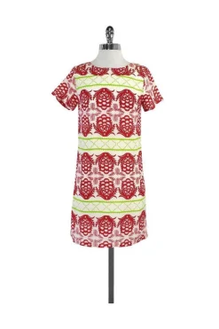 Sheridan French - Red, Green & Cream Silk Short Sleeve Dress Sz 0