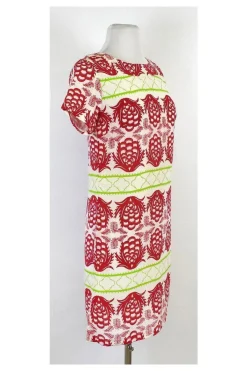 Sheridan French - Red, Green & Cream Silk Short Sleeve Dress Sz 0