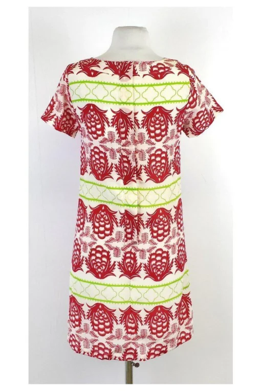 Sheridan French - Red, Green & Cream Silk Short Sleeve Dress Sz 0