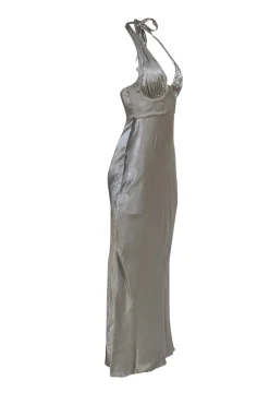 Shona Joy - Grey Satin Halter Neck Tie Formal Dress Sz 4