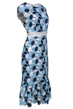 Shoshanna - Blue & White Embroidered Cap Sleeve Midi Dress w/ Flounce Hem Sz 10