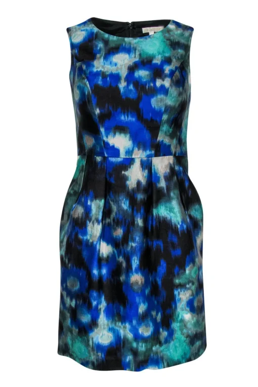 Shoshanna - Blue, Black & Green Watercolor Print Fit & Flare Dress Sz 4