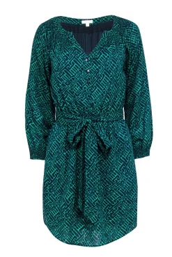 Shoshanna - Green & Navy Geometric Print Long Sleeve Dress Sz 0