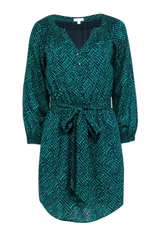 Shoshanna - Green & Navy Geometric Print Long Sleeve Dress Sz 0