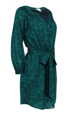 Shoshanna - Green & Navy Geometric Print Long Sleeve Dress Sz 0